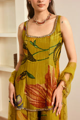 Olive Green Floral Print Kurta-Sharara Set