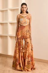 Rust Boho Print Tasseled Peplum and Sharara Set