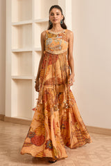 Rust Boho Print Tasseled Peplum and Sharara Set