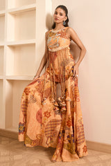 Rust Boho Print Tasseled Peplum and Sharara Set