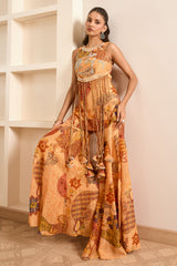 Rust Boho Print Tasseled Peplum and Sharara Set