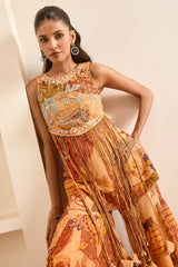 Rust Boho Print Tasseled Peplum and Sharara Set