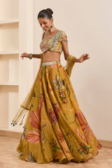 Olive Green Floral Print Lehenga Set