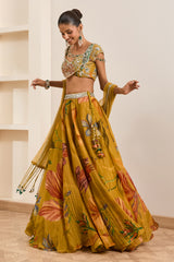 Olive Green Floral Print Lehenga Set
