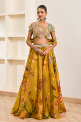 Olive Green Floral Print Lehenga Set