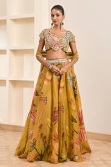 Olive Green Floral Print Lehenga Set