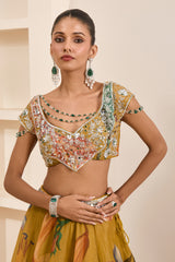 Olive Green Floral Print Lehenga Set
