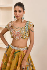 Olive Green Floral Print Lehenga Set