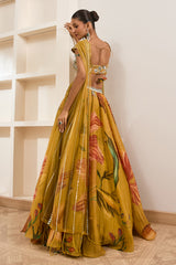 Olive Green Floral Print Lehenga Set
