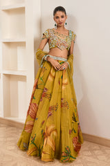Olive Green Floral Print Lehenga Set
