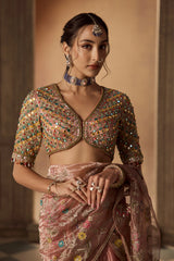 Dusty Rose Multicoloured Georgette Embroidered Saree with Veil