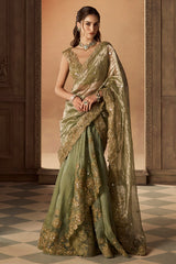 Green Floral Embroidered Saree