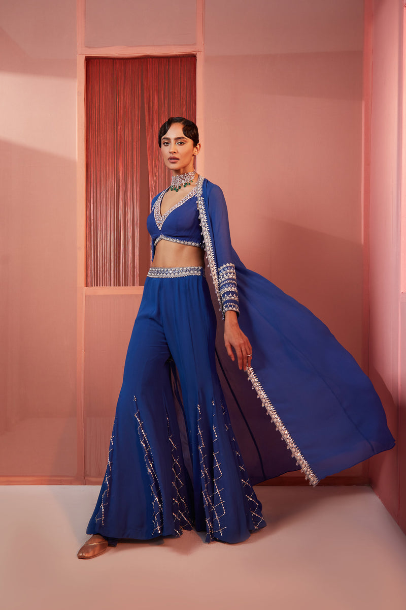 Sakshi in Ink Blue Sharara and Cape Set