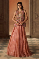 Dusty Rose Floral Embroidered Jacket and Lehenga Set