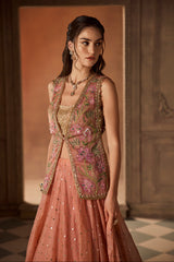 Dusty Rose Floral Embroidered Jacket and Lehenga Set