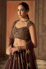 Brown Embroidered Organza Booti Lehenga Set