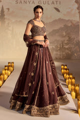 Brown Embroidered Organza Booti Lehenga Set