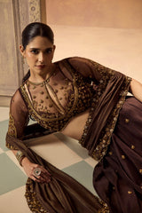 Brown Organza Pre-Draped Saree
