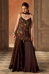 Brown Multicoloured Floral Embroidered Sharara Set