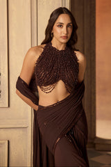 Brown Tasseled Blouse with Draped Saree