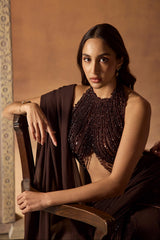 Brown Tasseled Blouse with Draped Saree