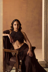 Brown Tasseled Blouse with Draped Saree
