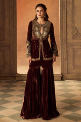 Mauve Velvet Embroidered Peplum Sharara Set
