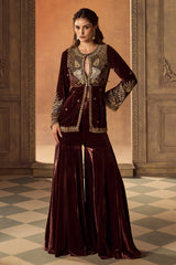 Mauve Velvet Embroidered Peplum Sharara Set