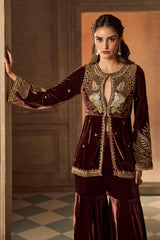 Mauve Velvet Embroidered Peplum Sharara Set