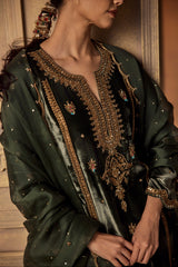 Green Velvet Long Kurta and Pants Set