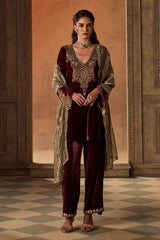 Mauve Velvet Embroidered Kurta Set
