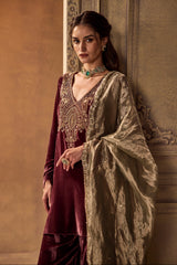 Mauve Velvet Embroidered Kurta Set