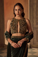 Green Velvet Embroidered Saree