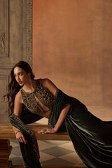 Green Velvet Embroidered Saree
