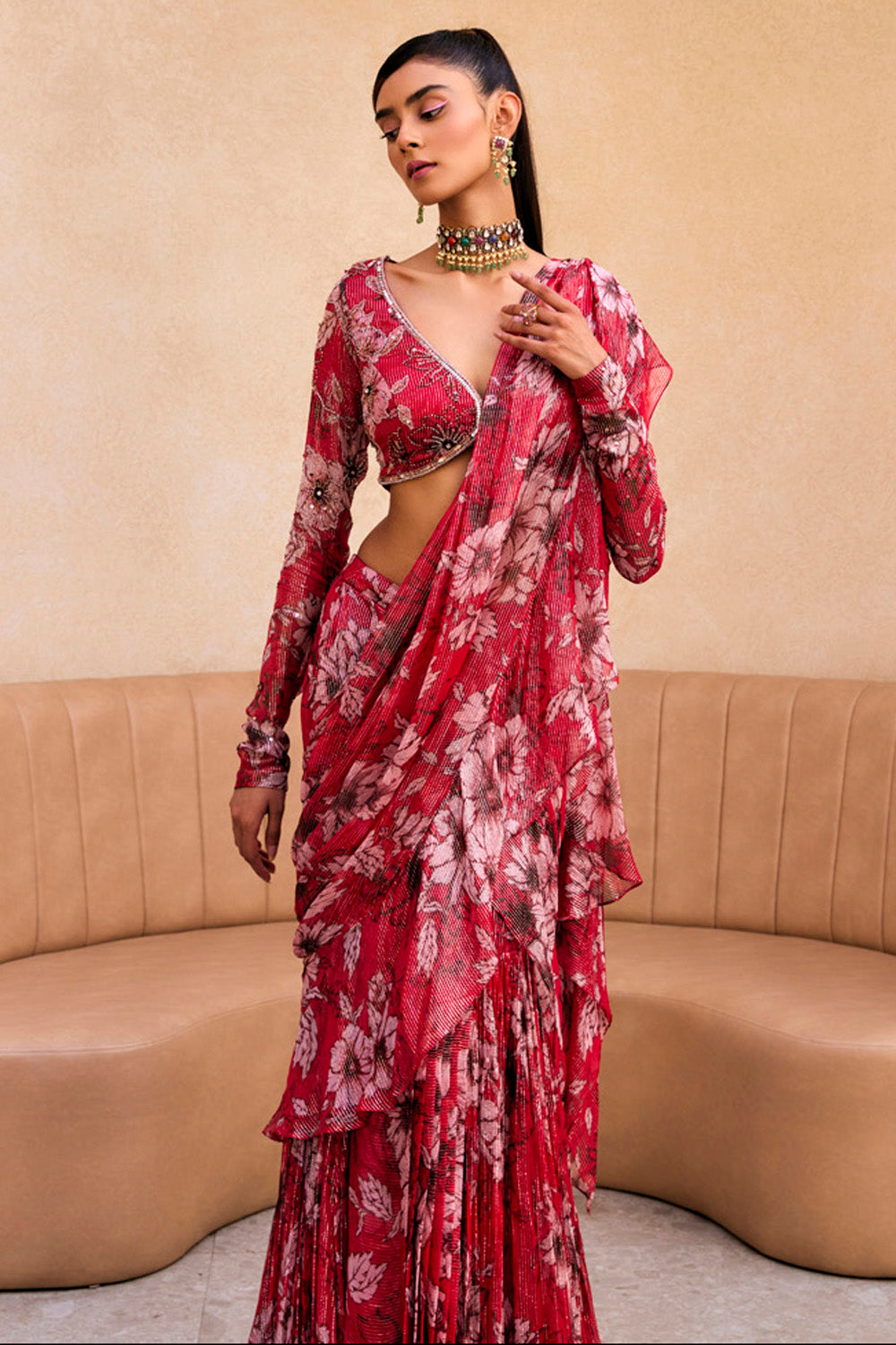 Red Ruffle Saree Buy Red Floral Print Ruffle Saree by Designer Sanya Gulati