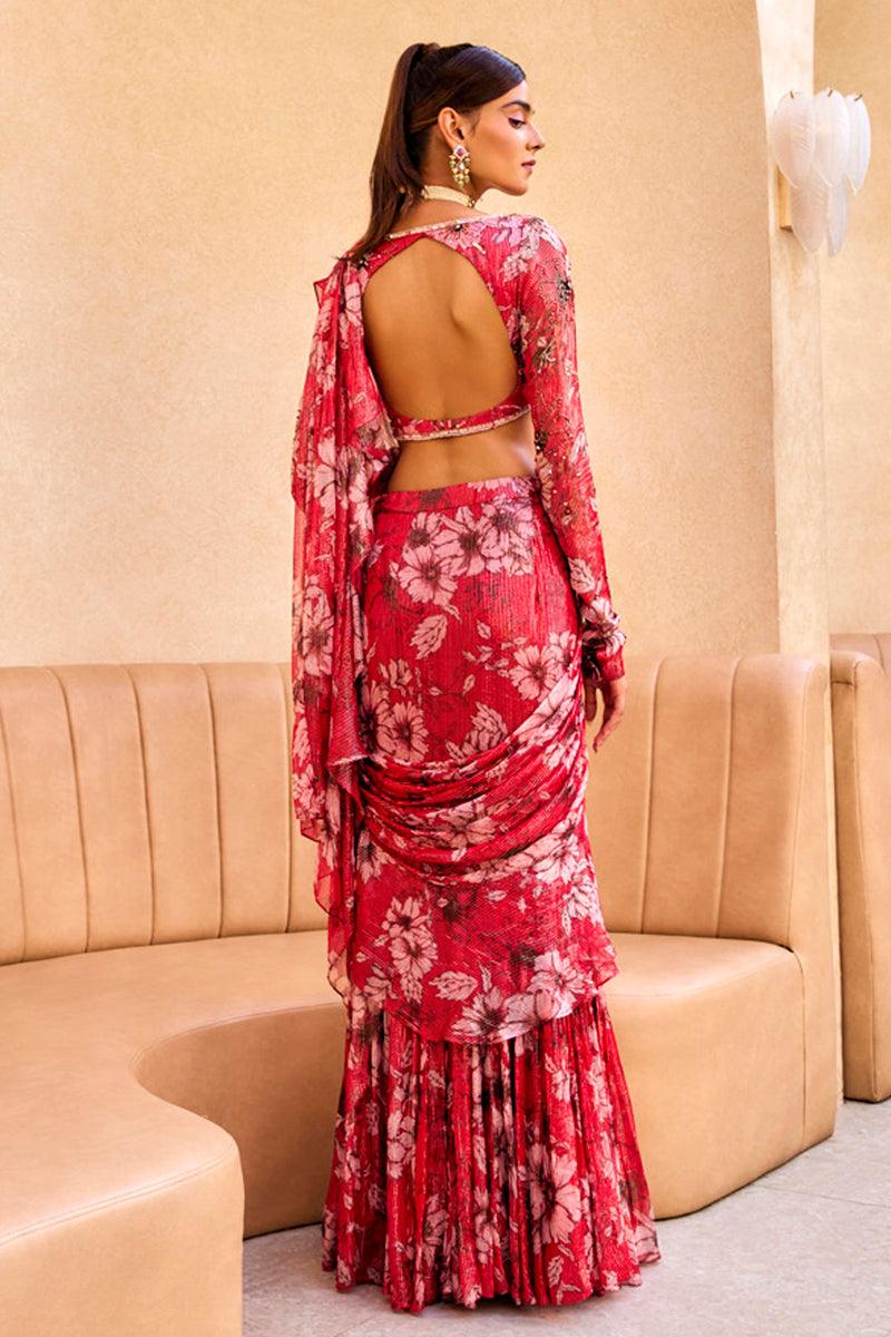 Red Ruffle Saree Buy Red Floral Print Ruffle Saree by Designer Sanya Gulati