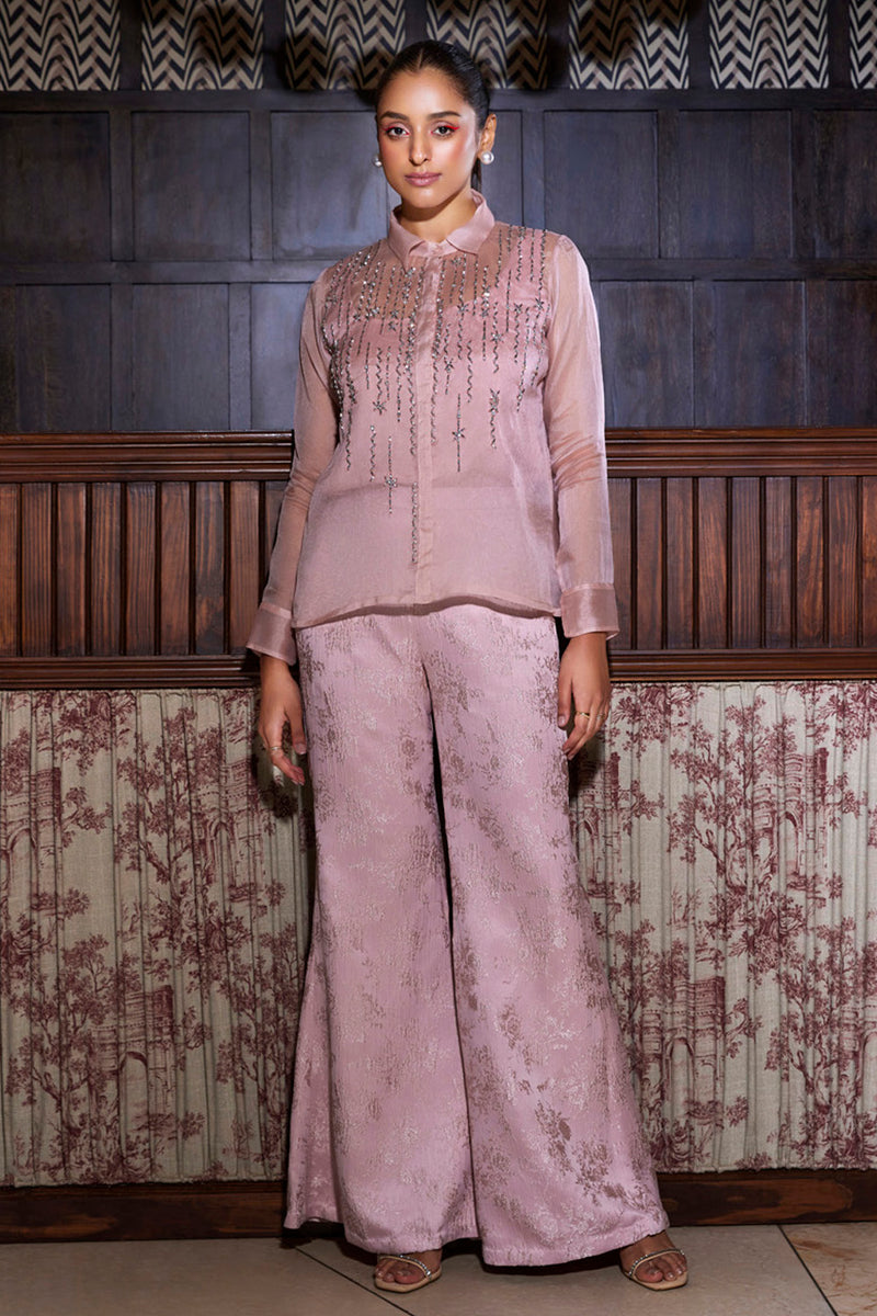 Buy Pink Jacquard pants with organza shirt set by Designer Sanya Gulati