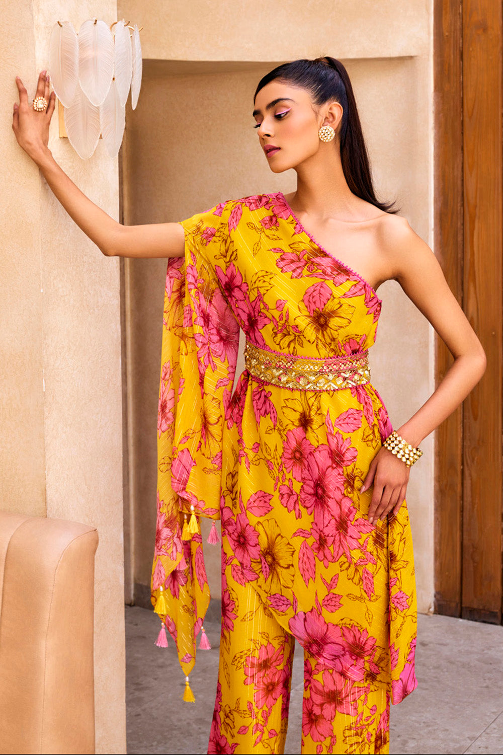 Buy Yellow Floral Print One Shoulder Kurta and pants by Designer