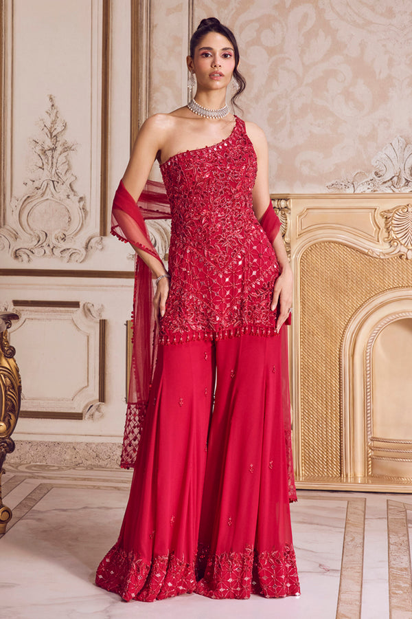 Magenta One Shoulder Kurta and Pants Set