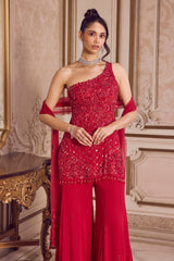 Magenta One Shoulder Kurta and Pants Set