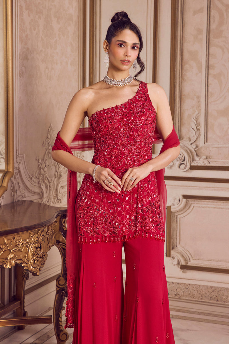 Magenta One Shoulder Kurta and Pants Set