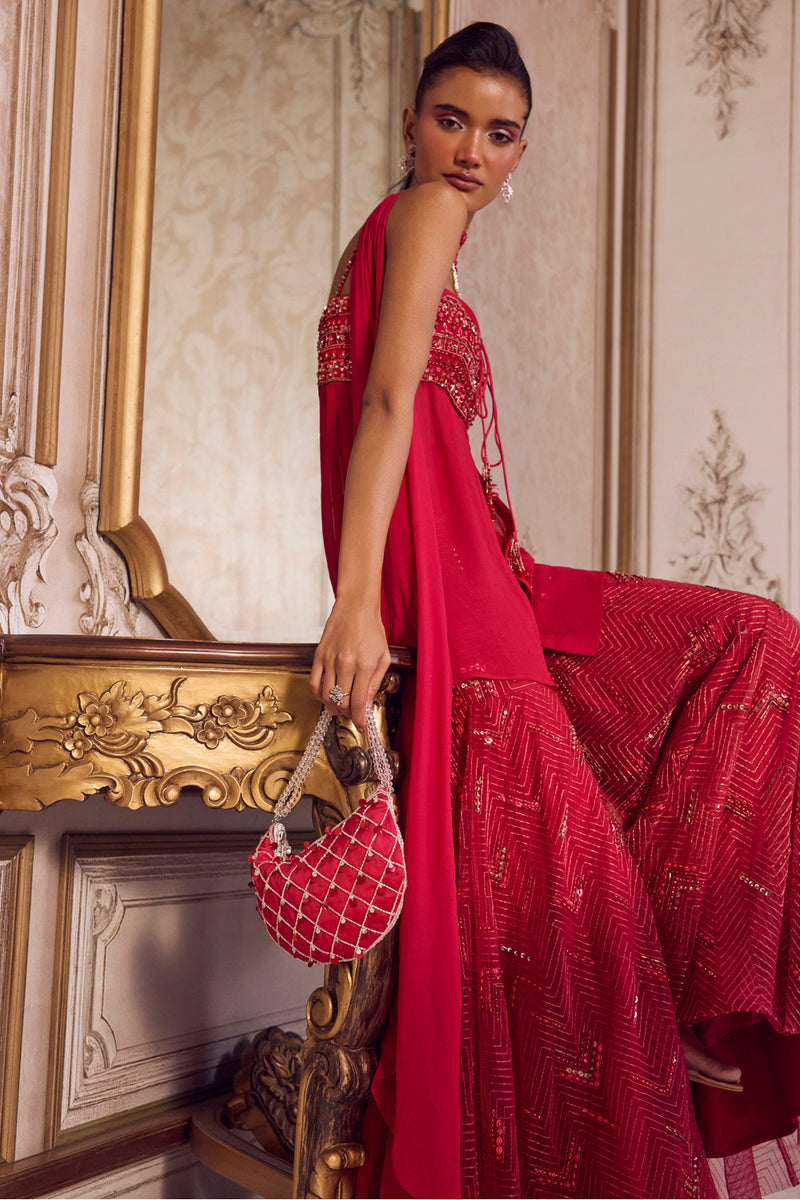 Magenta Flowy Peplum With Sharara Set