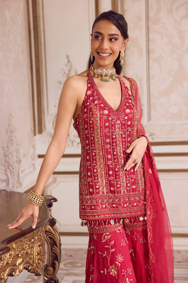 Magenta Halter Neck Kurta and Sharara Set