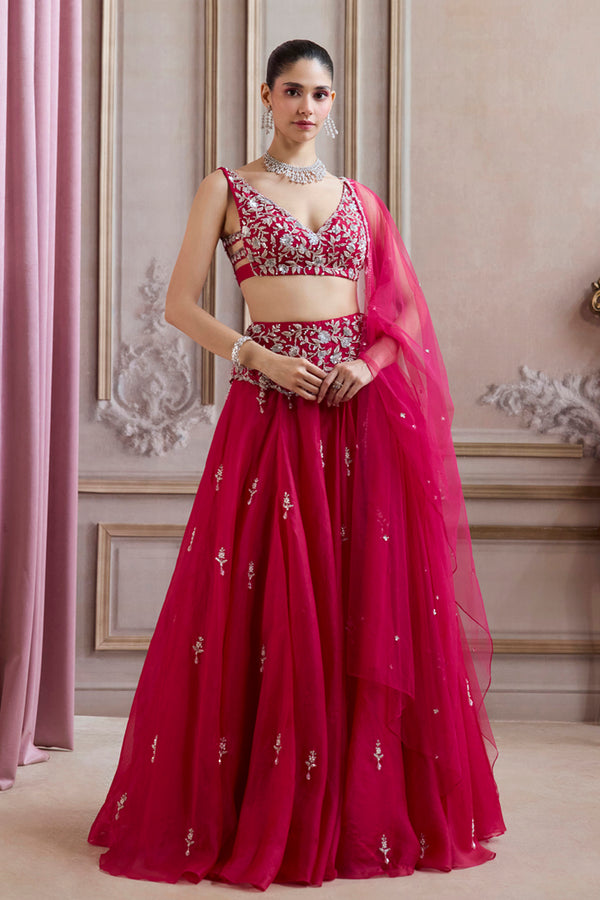 Magenta Organza Lehenga With Embroidered Belt