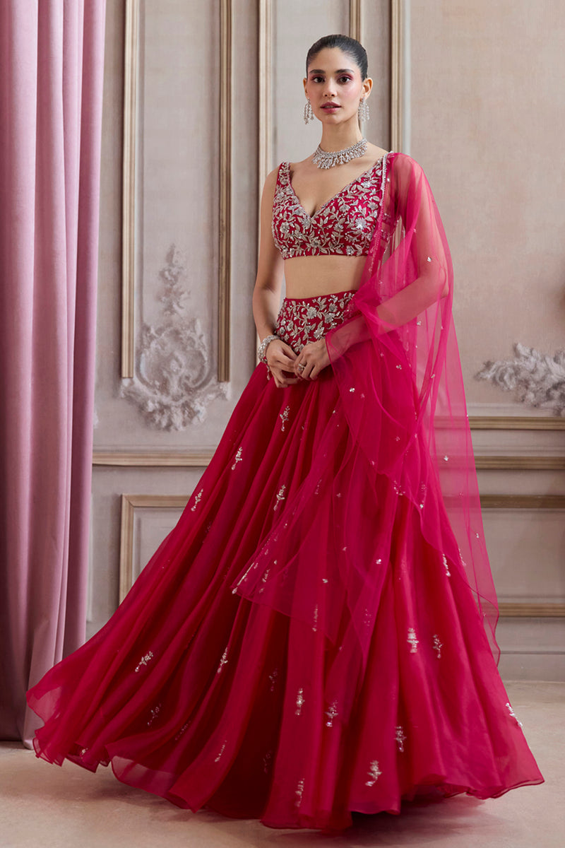 Magenta Organza Lehenga With Embroidered Belt