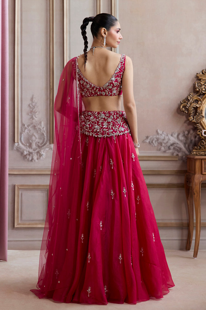 Magenta Organza Lehenga With Embroidered Belt