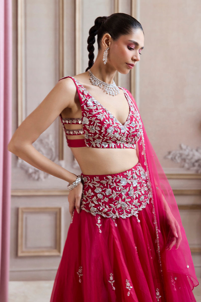 Magenta Organza Lehenga With Embroidered Belt