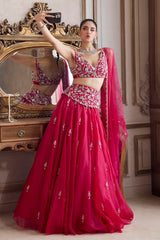 Magenta Organza Lehenga With Embroidered Belt
