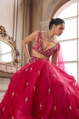 Magenta Organza Lehenga With Embroidered Belt