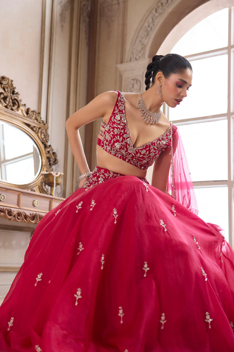 Magenta Organza Lehenga With Embroidered Belt